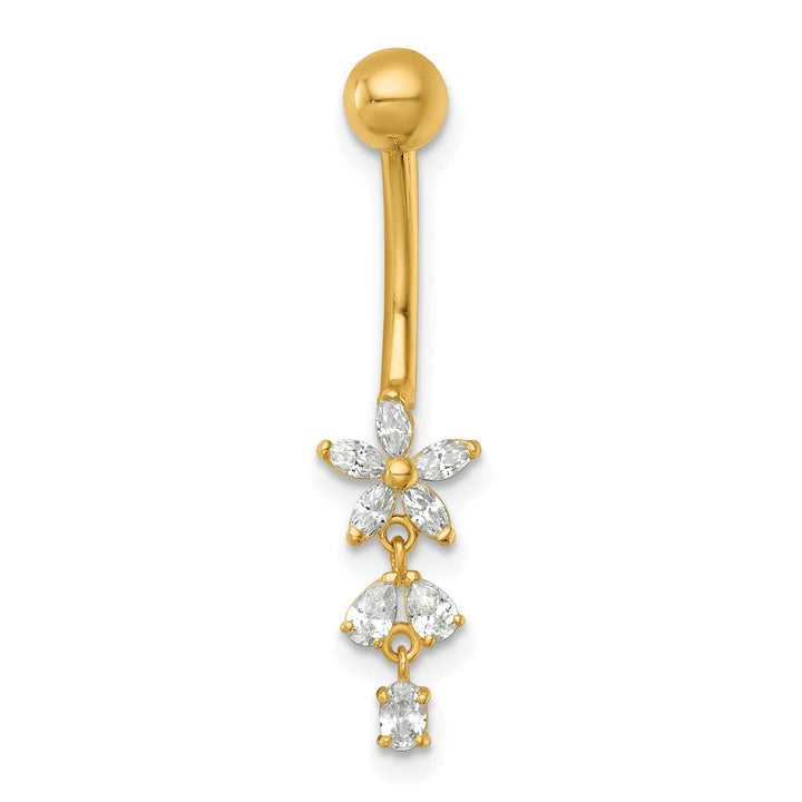 14K Yellow Gold 14 Gauge Polished CZ Dangling Flower Navel Ring