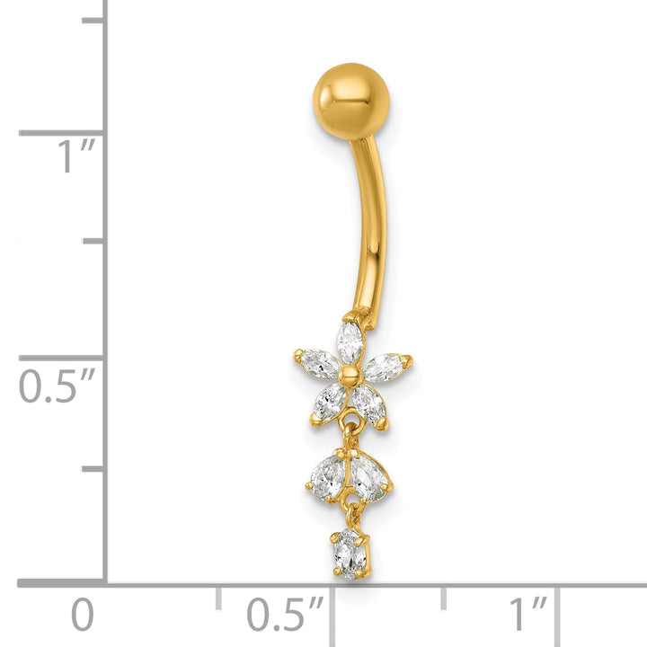 14K Yellow Gold 14 Gauge Polished CZ Dangling Flower Navel Ring