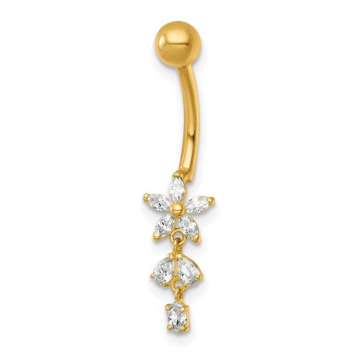 14K Yellow Gold 14 Gauge Polished CZ Dangling Flower Navel Ring