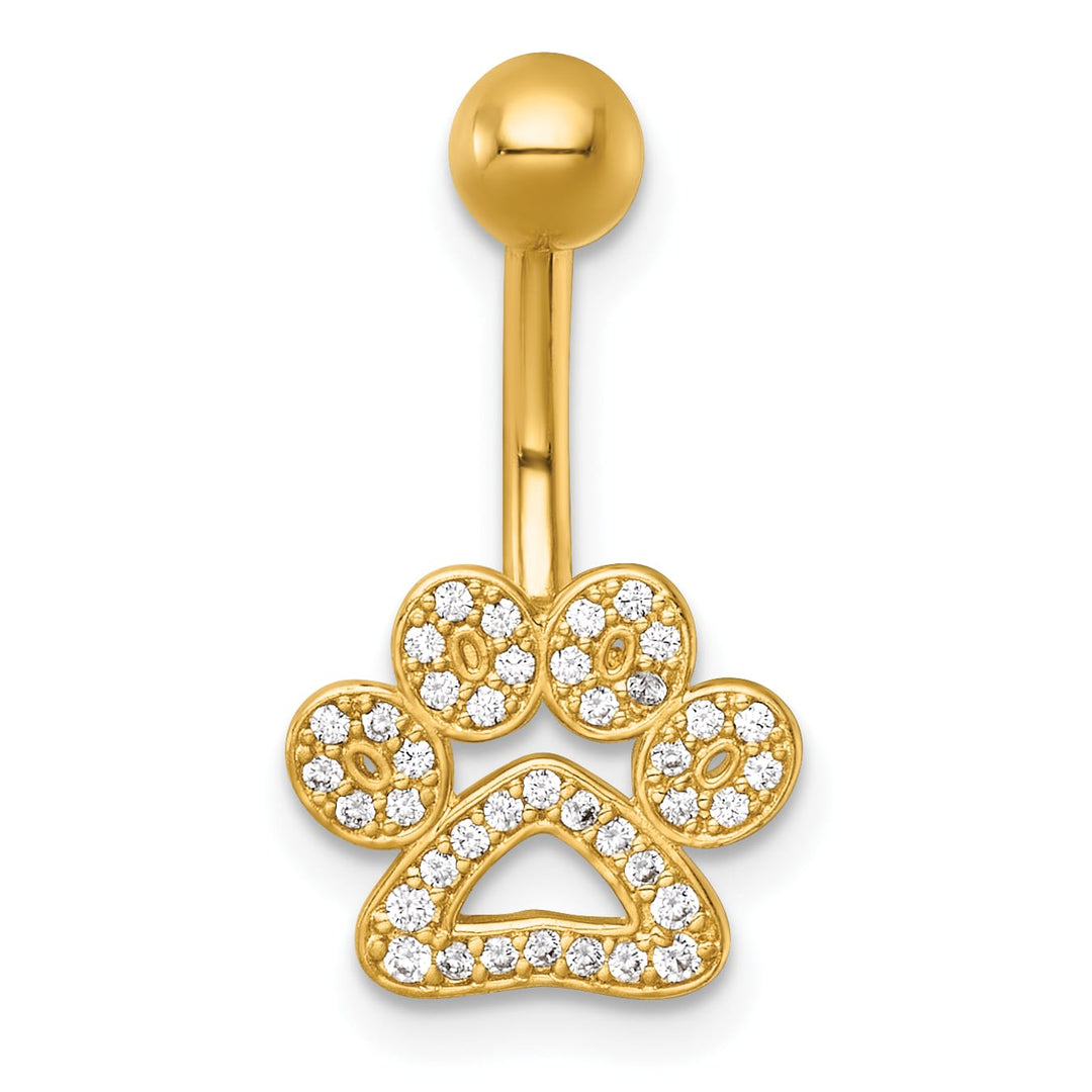 14K Yellow Gold 14 Gauge Polished CZ Pawprint Navel Ring