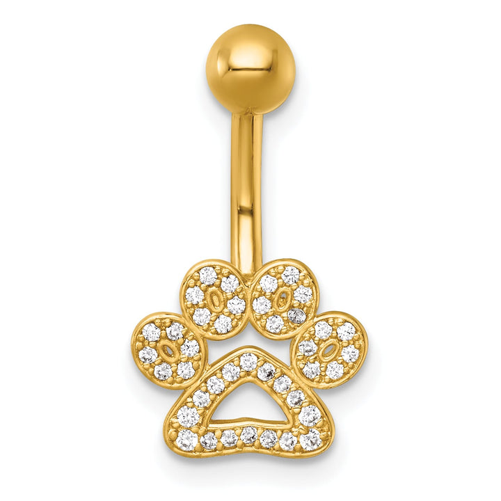 14K Yellow Gold 14 Gauge Polished CZ Pawprint Navel Ring