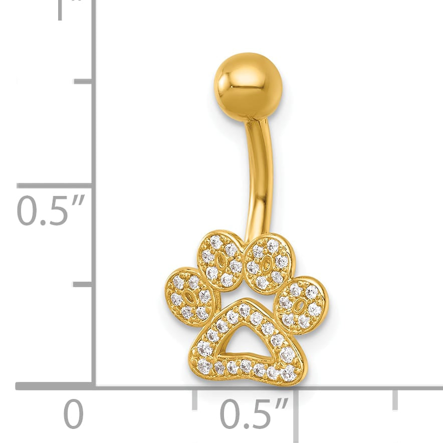 14K Yellow Gold 14 Gauge Polished CZ Pawprint Navel Ring