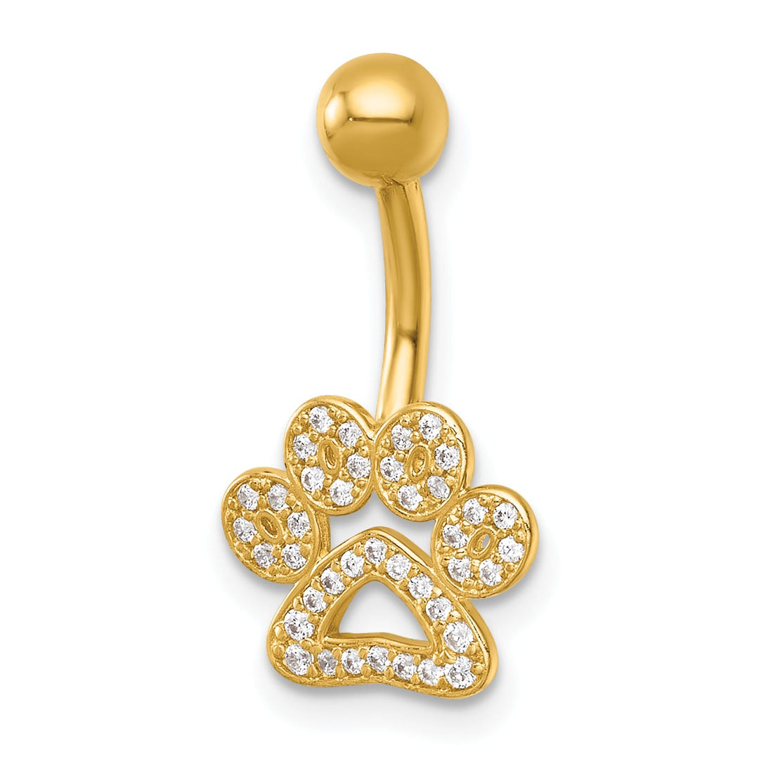 14K Yellow Gold 14 Gauge Polished CZ Pawprint Navel Ring