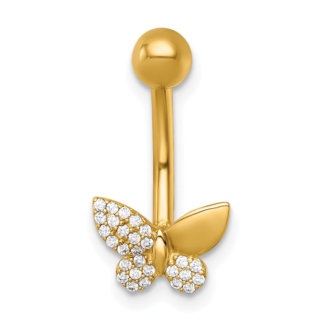 14K Yellow Gold 14 Gauge Polished CZ Butterfly Navel Ring