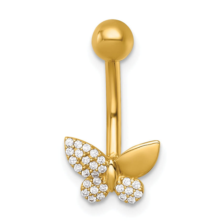 14K Yellow Gold 14 Gauge Polished CZ Butterfly Navel Ring