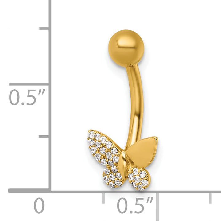 14K Yellow Gold 14 Gauge Polished CZ Butterfly Navel Ring