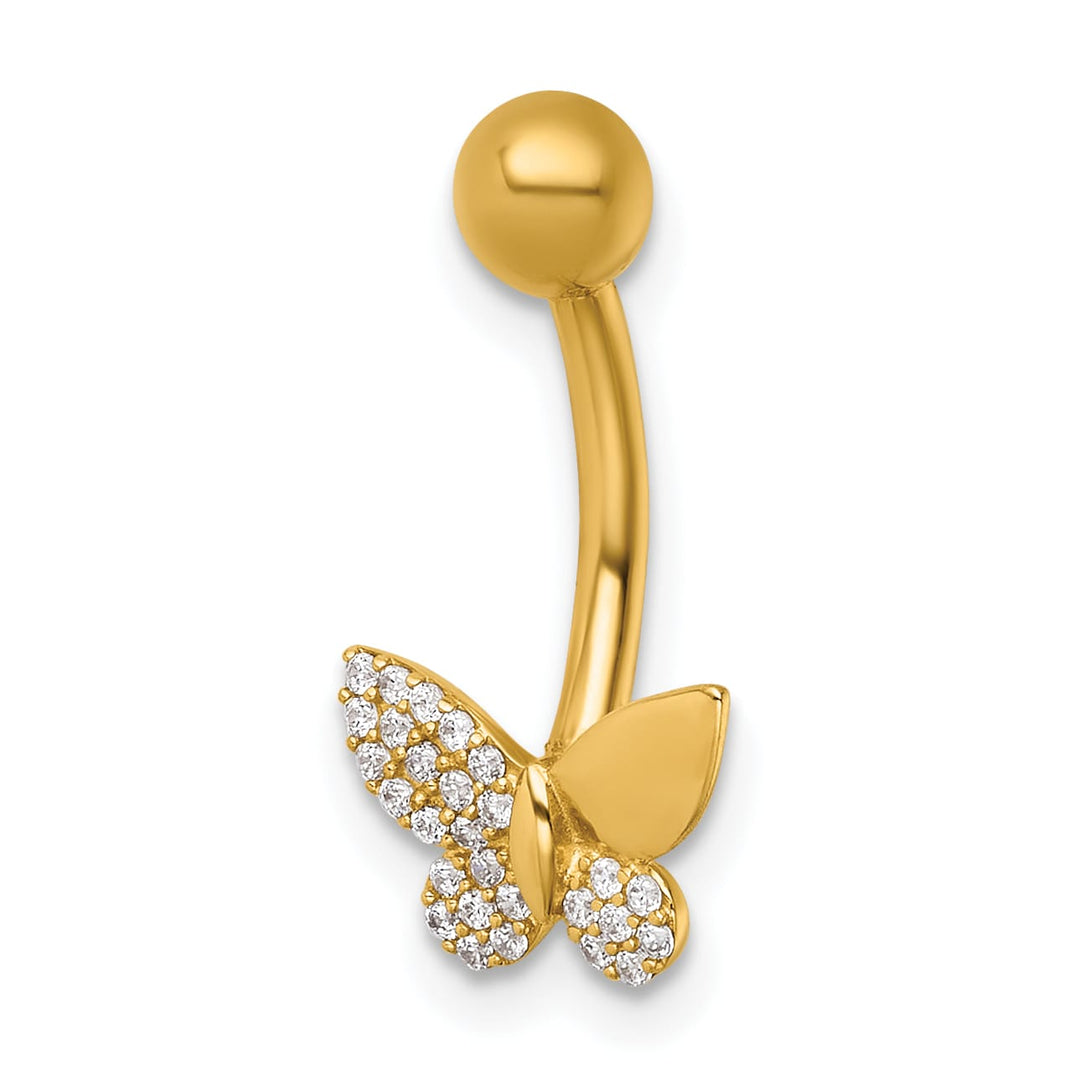 14K Yellow Gold 14 Gauge Polished CZ Butterfly Navel Ring