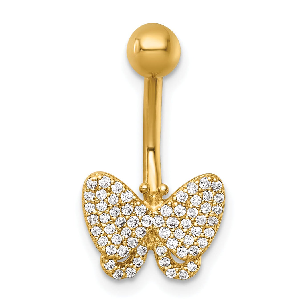 14K Yellow Gold 14 Gauge Polished Pave CZ Butterfly Navel Ring