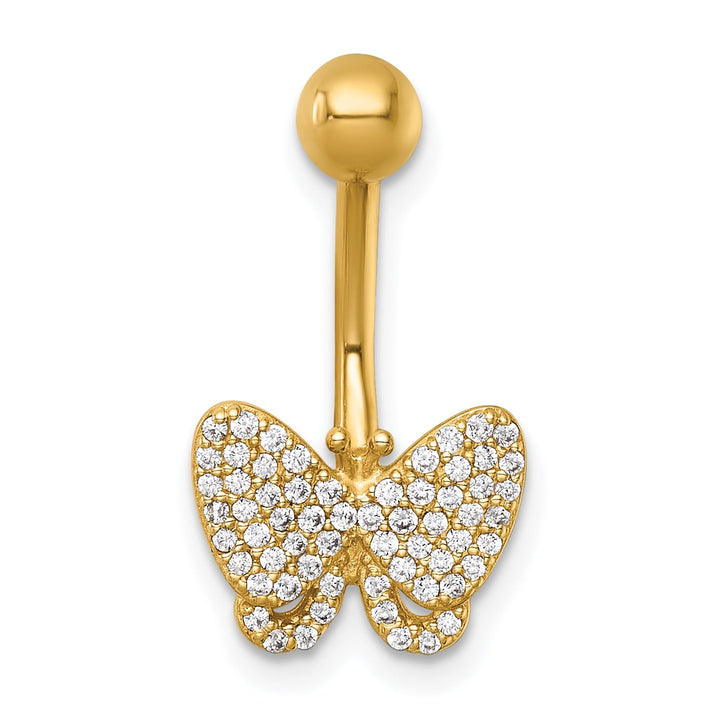14K Yellow Gold 14 Gauge Polished Pave CZ Butterfly Navel Ring
