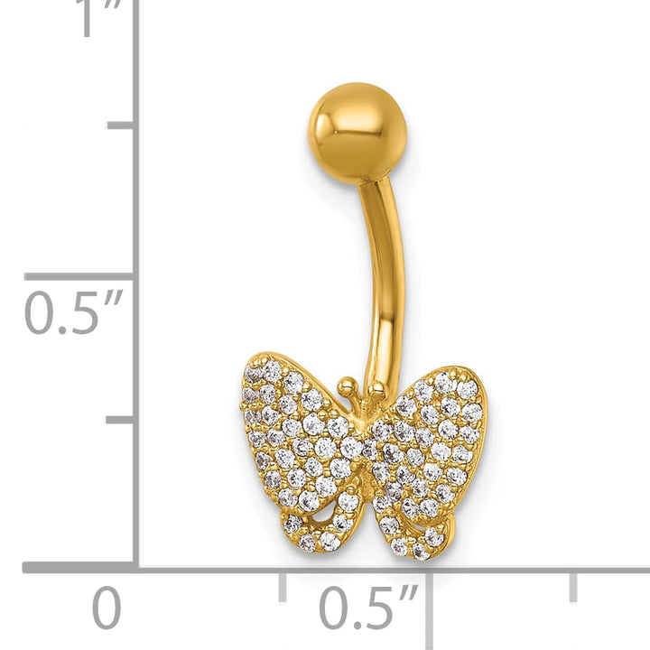 14K Yellow Gold 14 Gauge Polished Pave CZ Butterfly Navel Ring