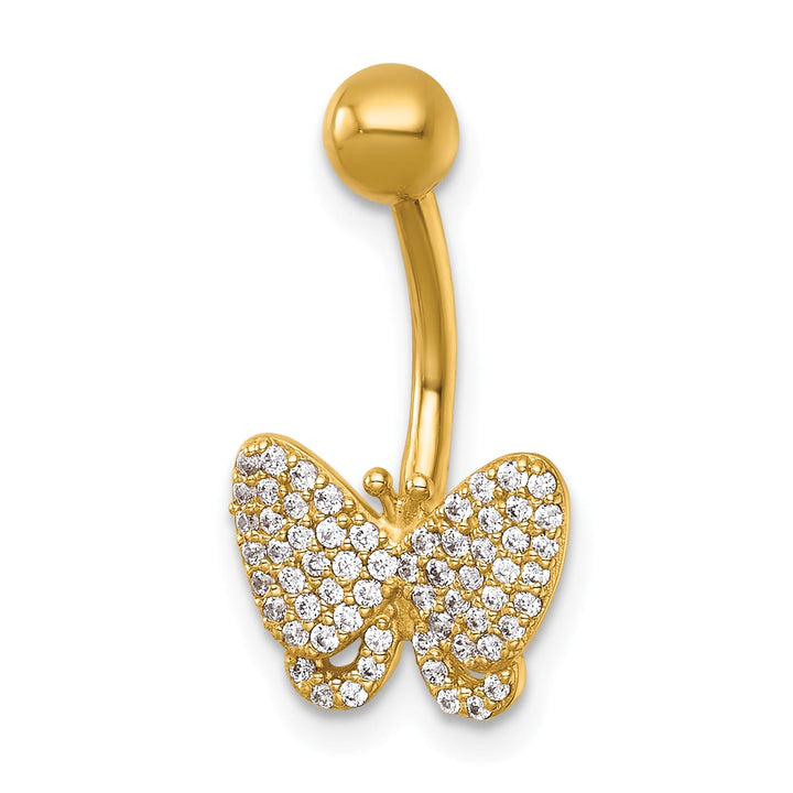 14K Yellow Gold 14 Gauge Polished Pave CZ Butterfly Navel Ring