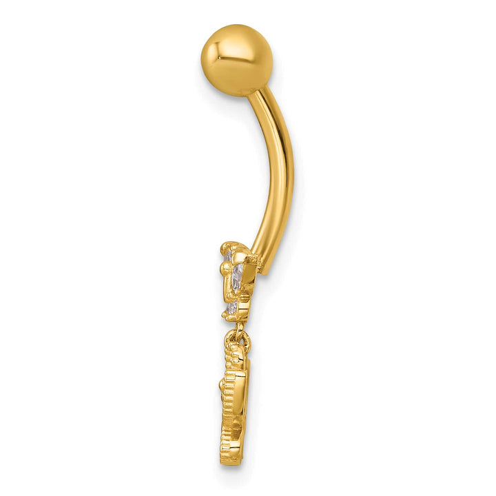 14K Yellow Gold 14 Gauge CZ Dangling Butterfly Navel Ring