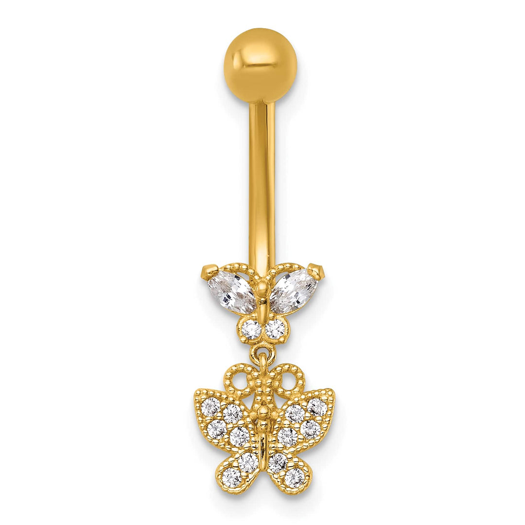 14K Yellow Gold 14 Gauge CZ Dangling Butterfly Navel Ring