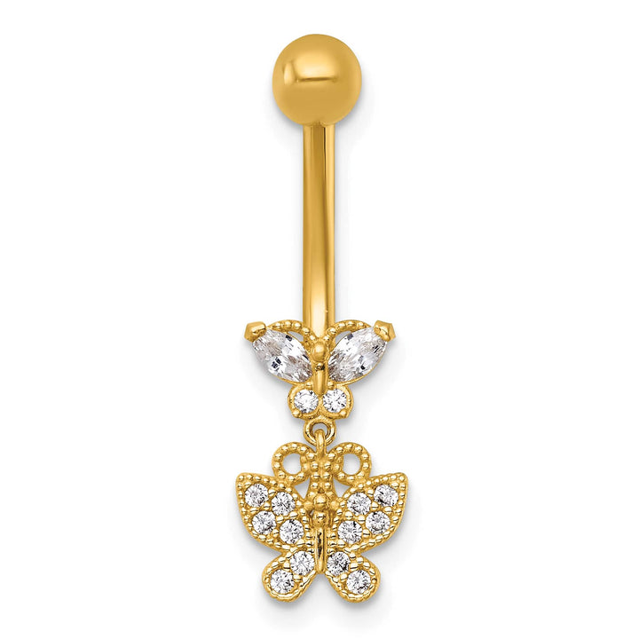 14K Yellow Gold 14 Gauge CZ Dangling Butterfly Navel Ring