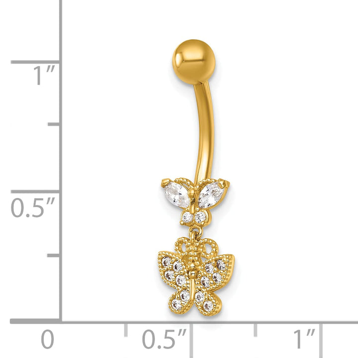14K Yellow Gold 14 Gauge CZ Dangling Butterfly Navel Ring