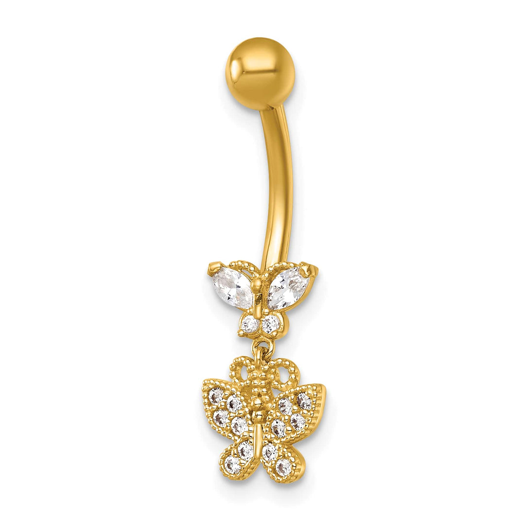 14K Yellow Gold 14 Gauge CZ Dangling Butterfly Navel Ring