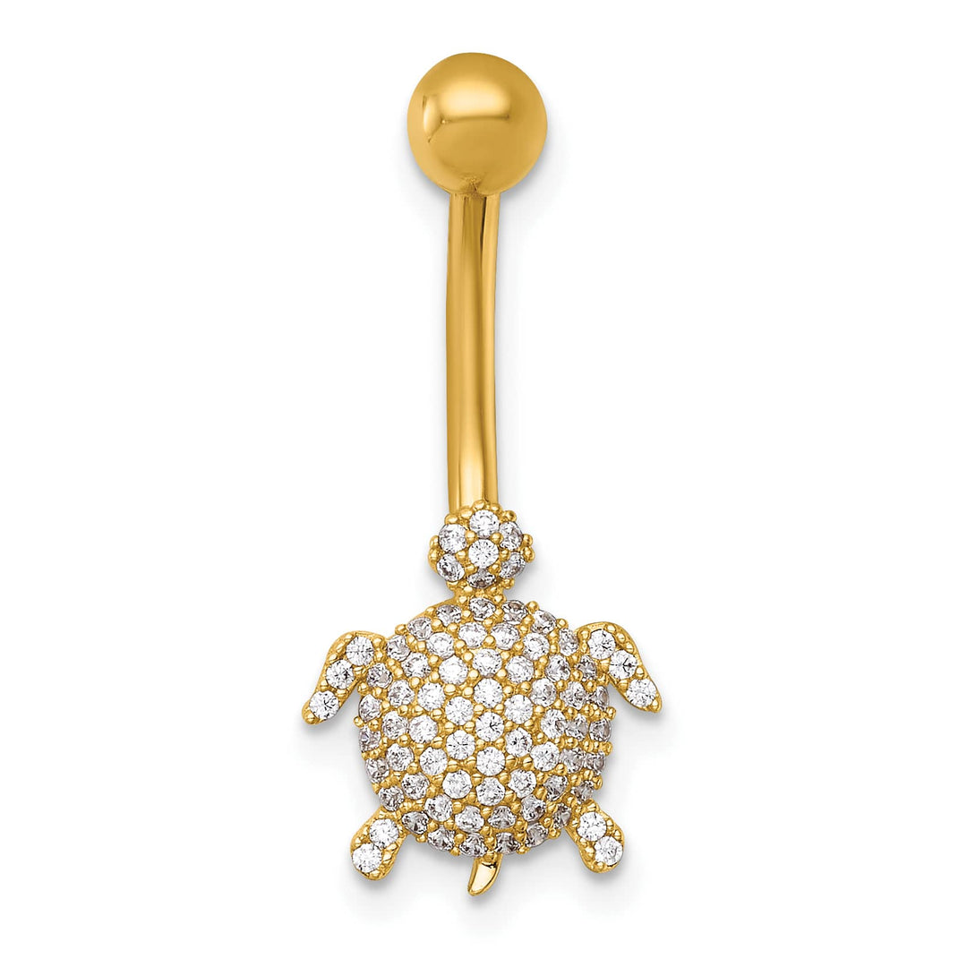 14K Yellow Gold 14 Gauge Polished Pave CZ Turtle Navel Ring