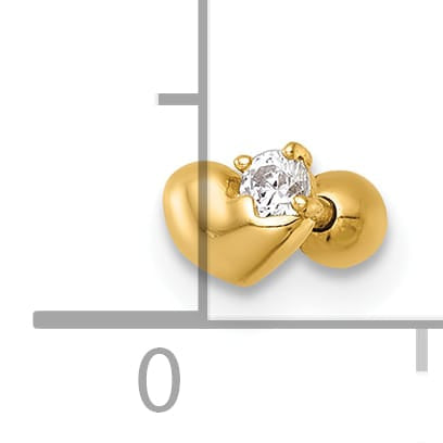14K Yellow Gold 18 Gauge Polished CZ Heart Labret Stud