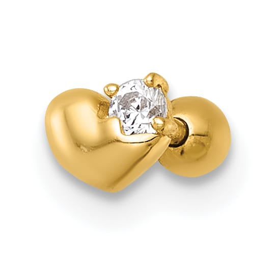 14K Yellow Gold 18 Gauge Polished CZ Heart Labret Stud