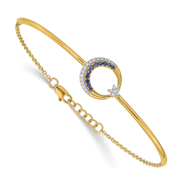 14k Moon and Star 1/8 carat Diamond and Sapphire Half-Bangle 7 inch