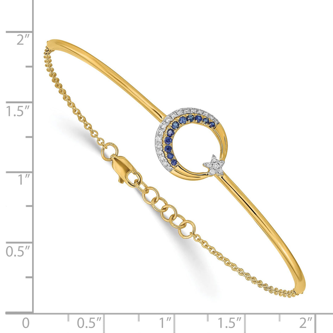 14k Moon and Star 1/8 carat Diamond and Sapphire Half-Bangle 7 inch