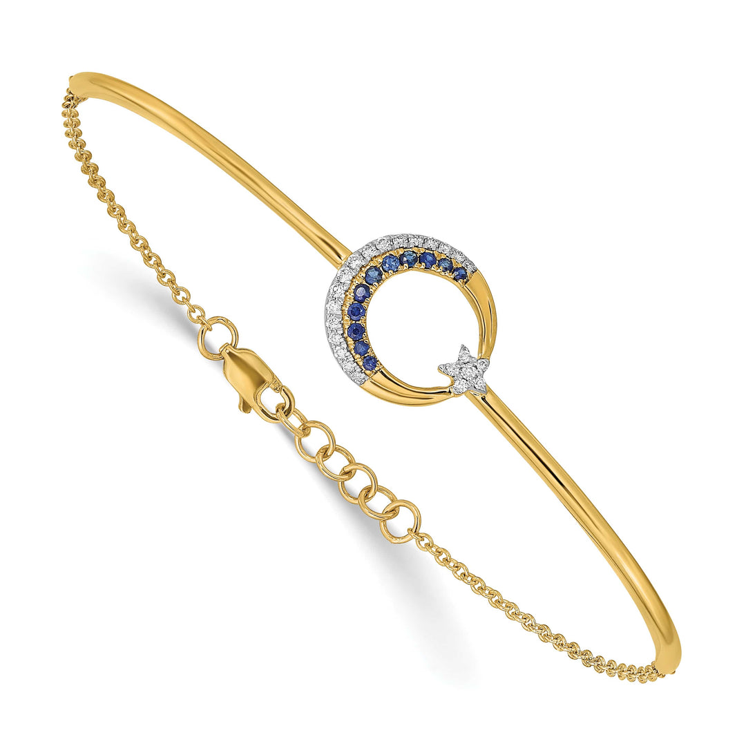 14k Moon and Star 1/8 carat Diamond and Sapphire Half-Bangle 7 inch