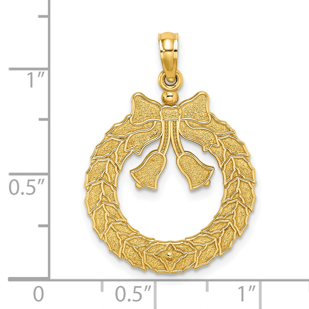 14k Yellow Gold Satin/Polished Christmas Wreath Charm Pendant