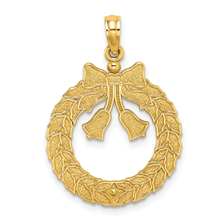 14k Yellow Gold Satin/Polished Christmas Wreath Charm Pendant