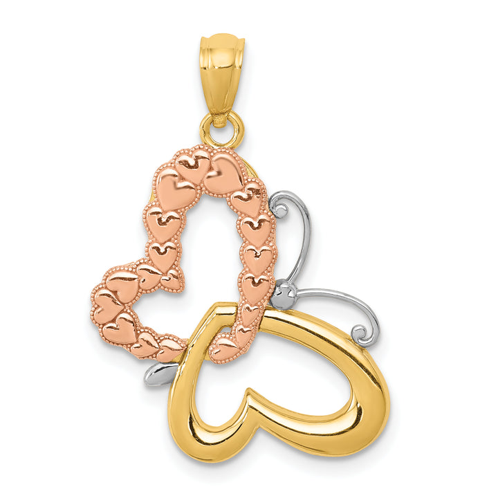 14k Tri-Color Gold Butterfly with Hearts Design Pendant