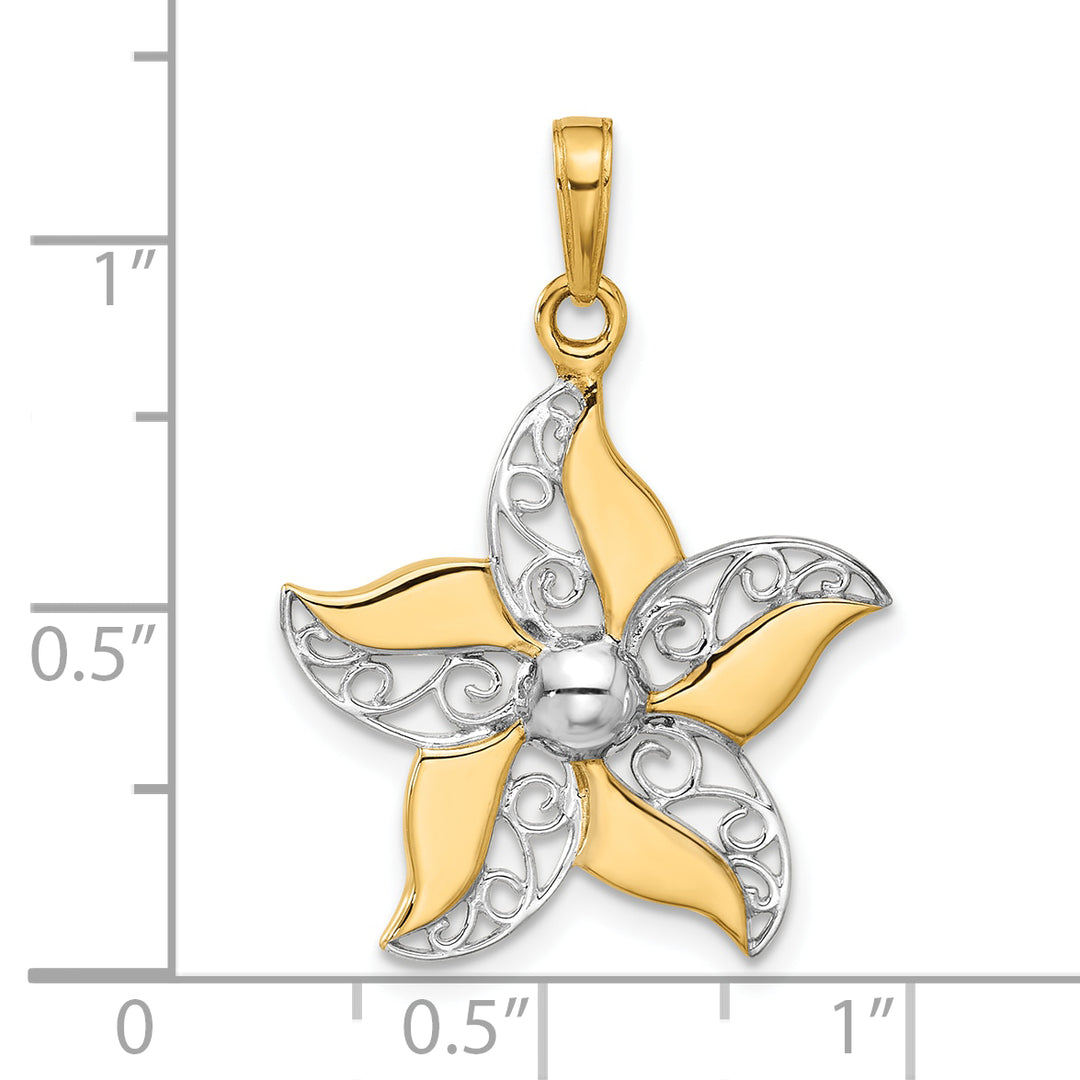 14k Yellow, White Gold Filigree Flower Design Pendant