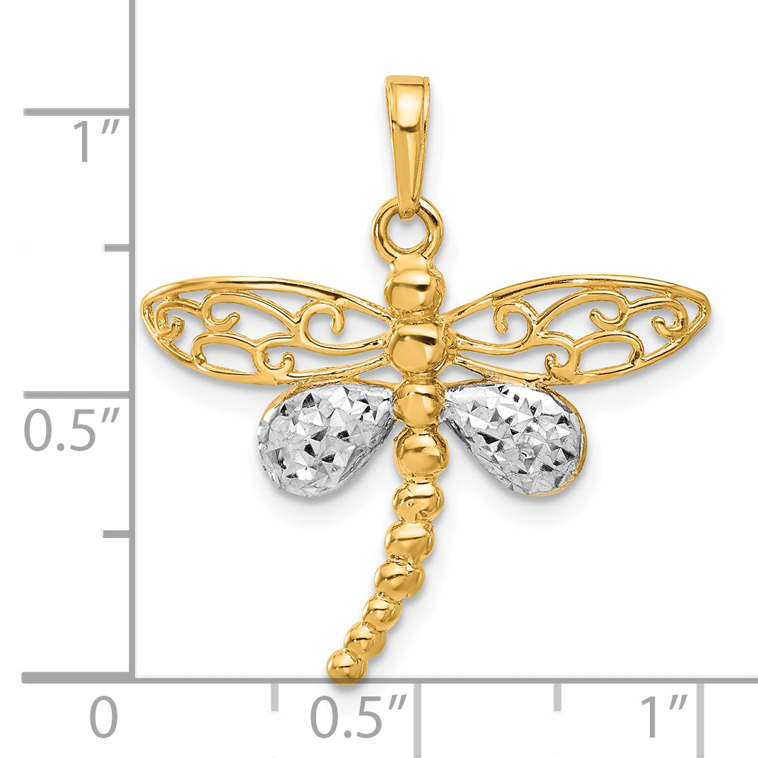 14k Yellow, White Gold Polished D.C Finish Dragonfly Pendant