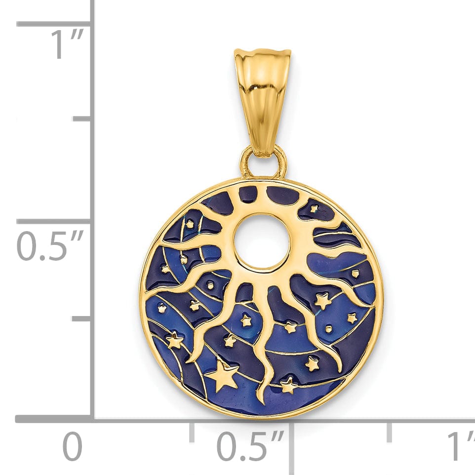 14K Yellow Gold Blue Enameled Sun and Stars Circle Pendant