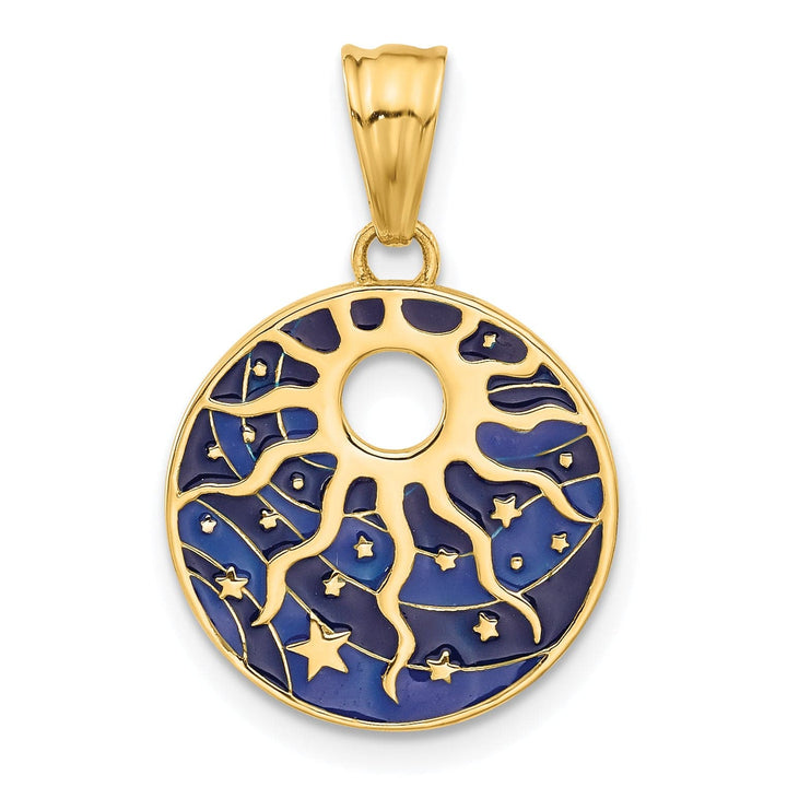 14K Yellow Gold Blue Enameled Sun and Stars Circle Pendant