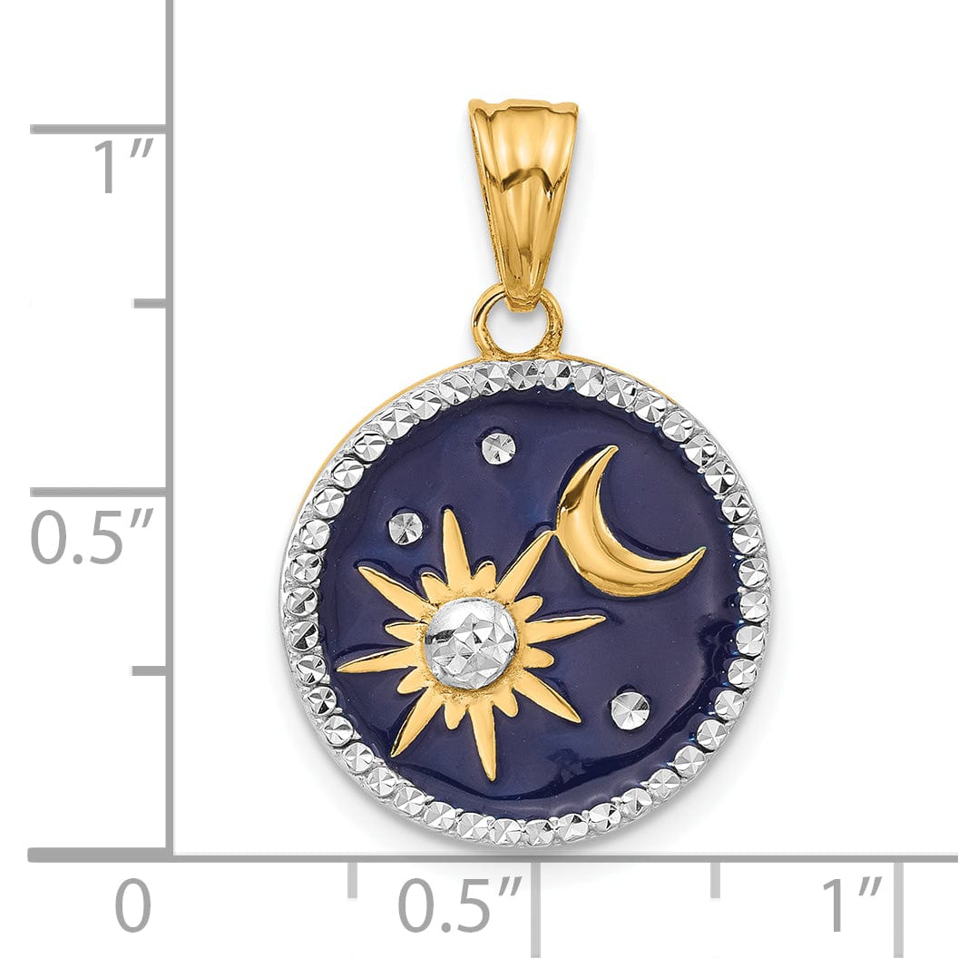14K Yellow Gold Blue Enameled Sun and Moon Design Pendant