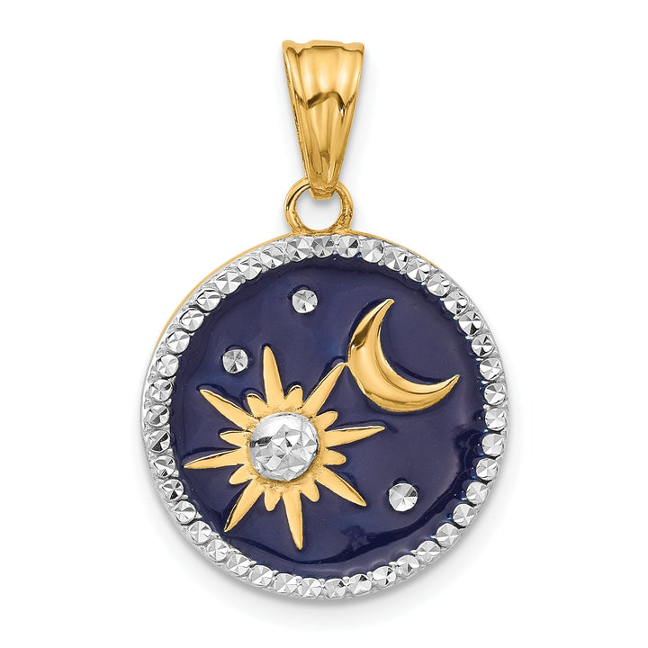 14K Yellow Gold Blue Enameled Sun and Moon Design Pendant