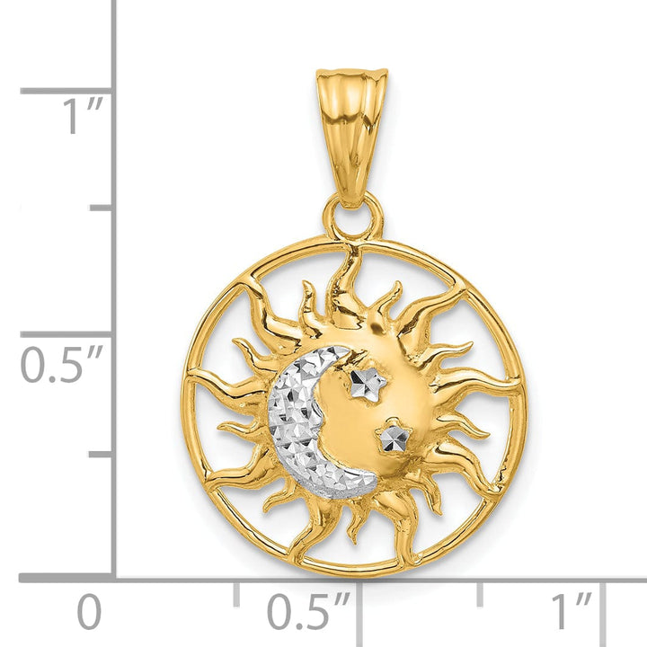 14K Two Tone Gold D.C Polished Sun Moon Stars Pendant