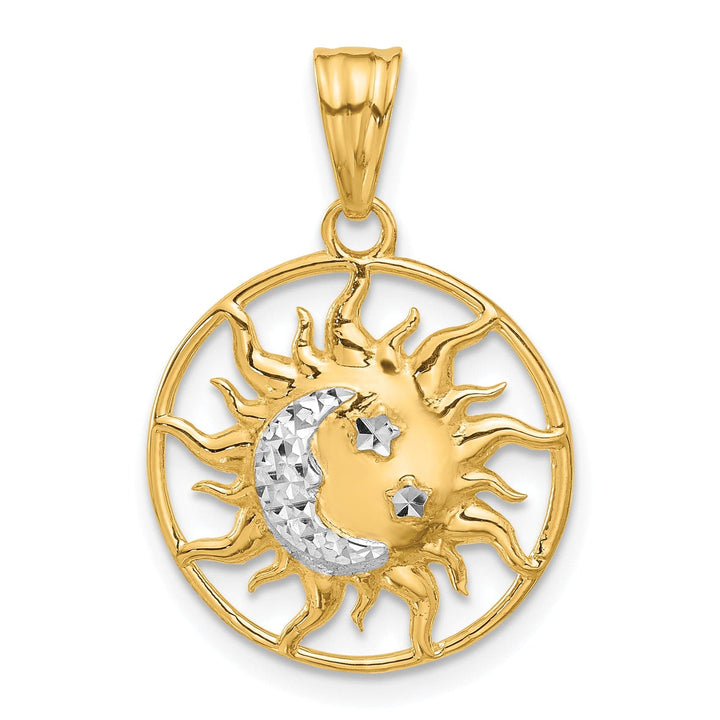 14K Two Tone Gold D.C Polished Sun Moon Stars Pendant
