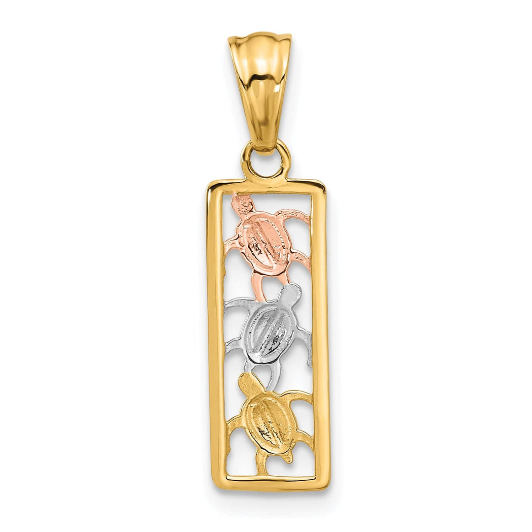 14K Tri Color Gold 3-Turtles Rectangle Design Pendant