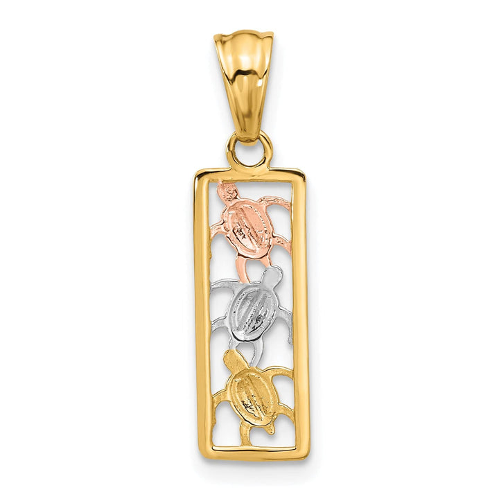 14K Tri Color Gold 3-Turtles Rectangle Design Pendant