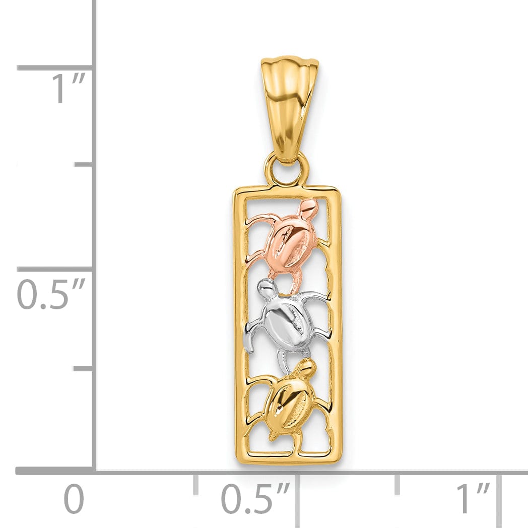 14K Tri Color Gold 3-Turtles Rectangle Design Pendant