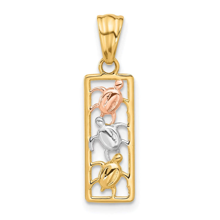14K Tri Color Gold 3-Turtles Rectangle Design Pendant