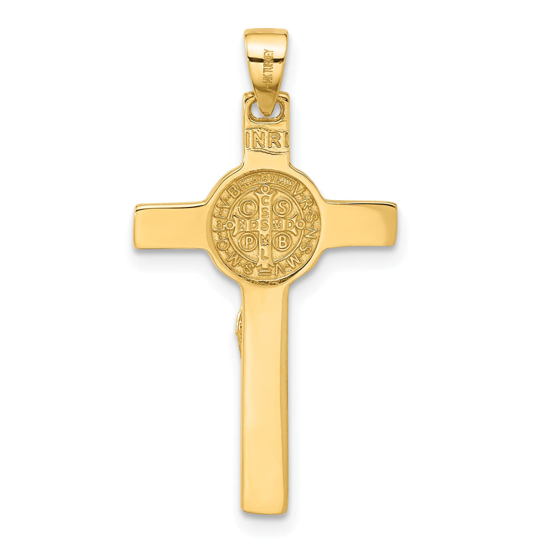 14K Yellow Gold Polished Crucifix and St Benedict Pendant