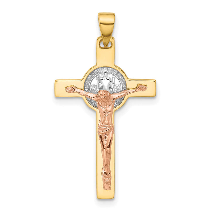 14K Two-Tone Gold Crucifix and St Benedict Pendant
