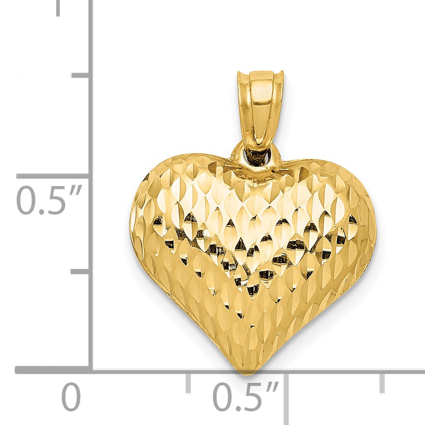 14k Yellow Gold Polished and Textured 3-D Puffed Heart Pendant