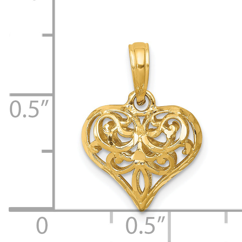 14k Yellow Gold Polished 3-D Filigree Puffed Heart Pendant