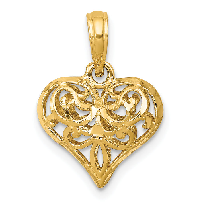 14k Yellow Gold Polished 3-D Filigree Puffed Heart Pendant