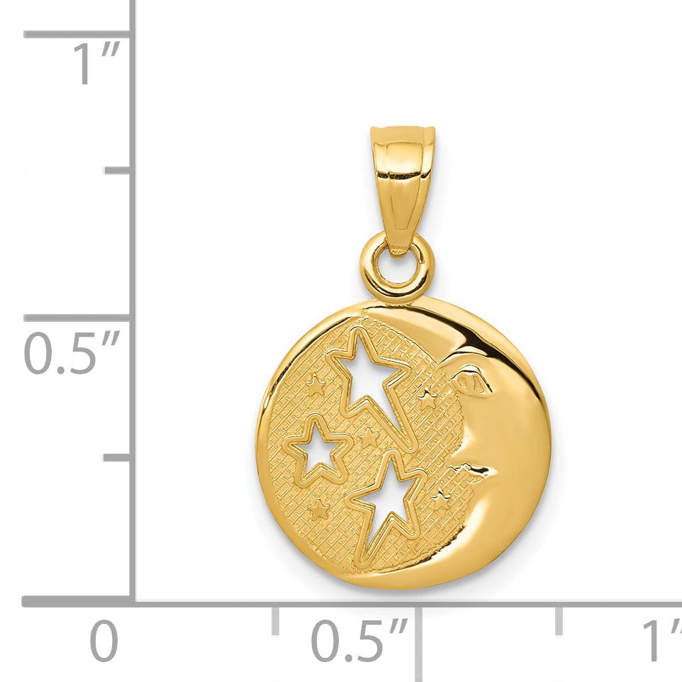 14k Yellow Gold Moon with Three Stars Design Pendant