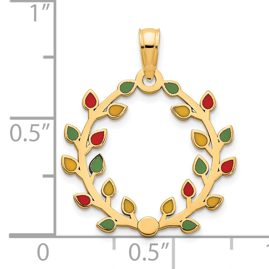 14k Yellow Gold Polished Epoxy Christmas Light Wreath Pendant