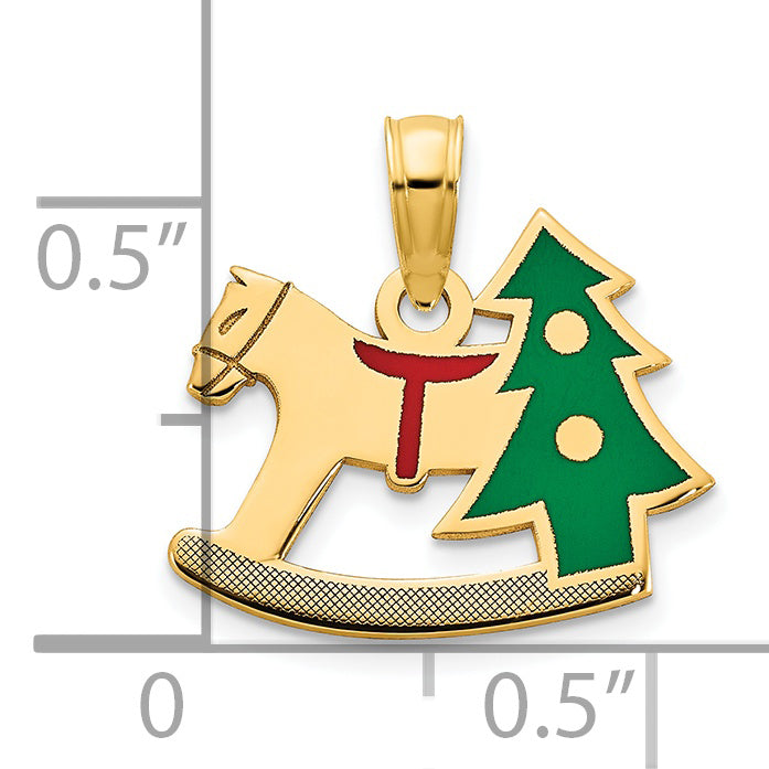 14k Yellow Gold Epoxy Rocking Horse with Christmas Tree Pendant