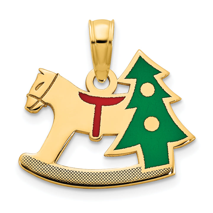 14k Yellow Gold Epoxy Rocking Horse with Christmas Tree Pendant